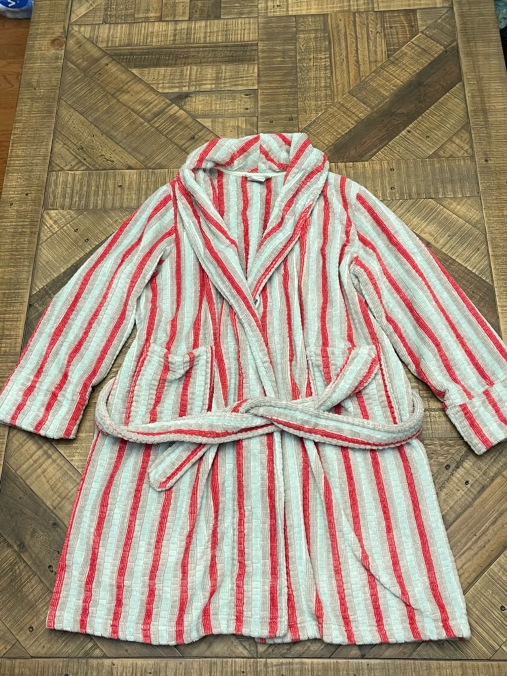 Striped Red and White Cotton Robe with Belt